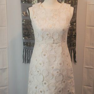 Classic cut Ivory dress sleeveless metallic gold embossed, fitted dress